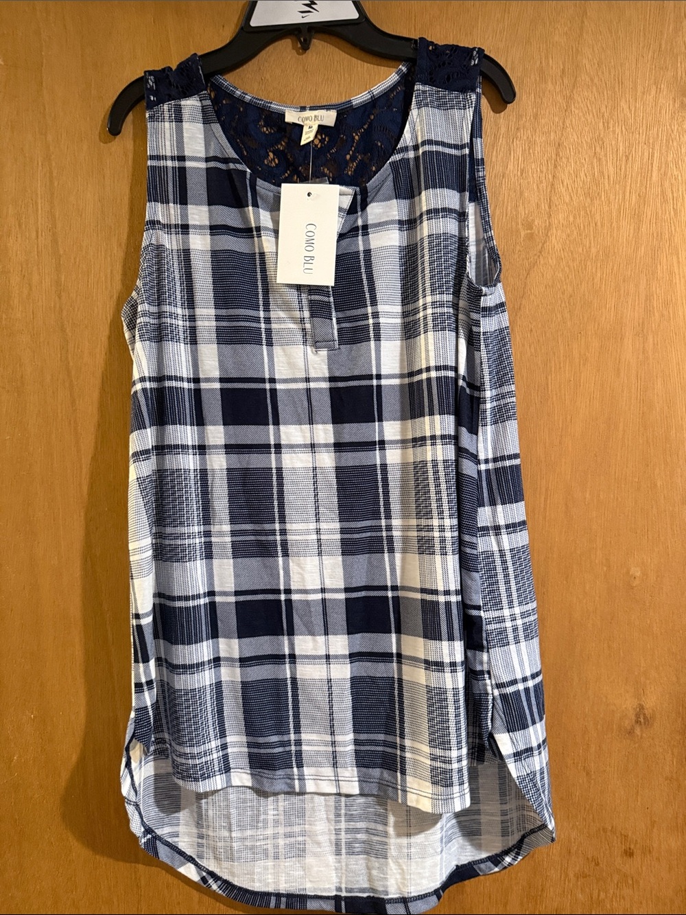 Como Blu Navy Plaid Lace-Trim Tank Top